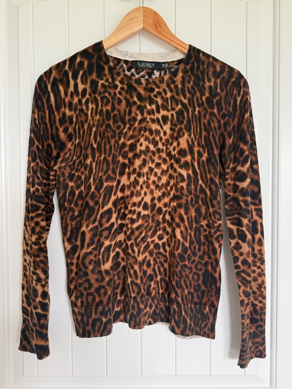 Lauren Ralph Lauren Leopard Print Cotton Blend Sweater Crewneck Animal Print PM